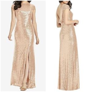 NWT Dessy Collection Cap Sleeve Cowl Back Sequin Gown With Front Slit 3043 Sz 14